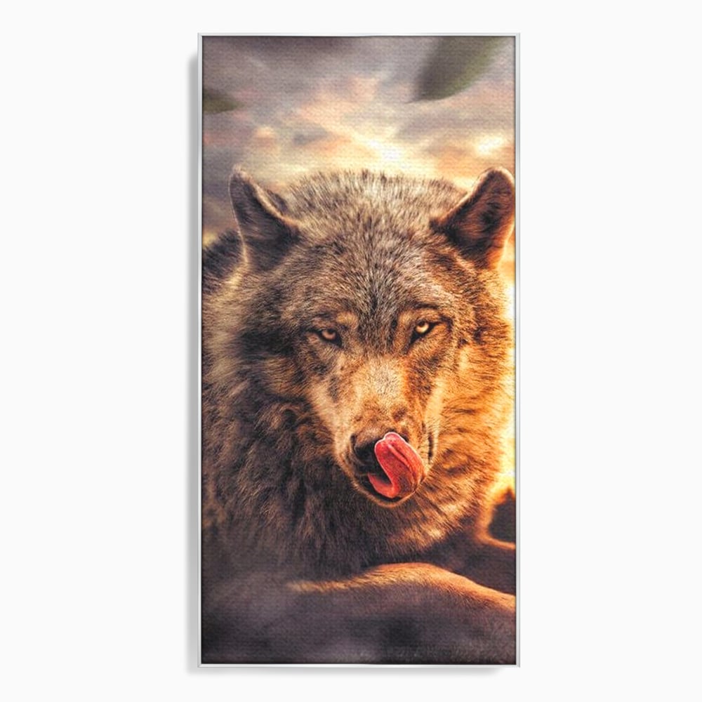 Tablou canvas cu tablou canvas cu lup salbatic la apus, in rama de aluminiu argintiu